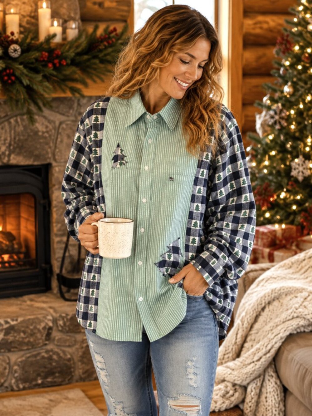 Upcycled Mixed Print Button-Down Top Spliced Holiday Winter Shirt Size M - L
